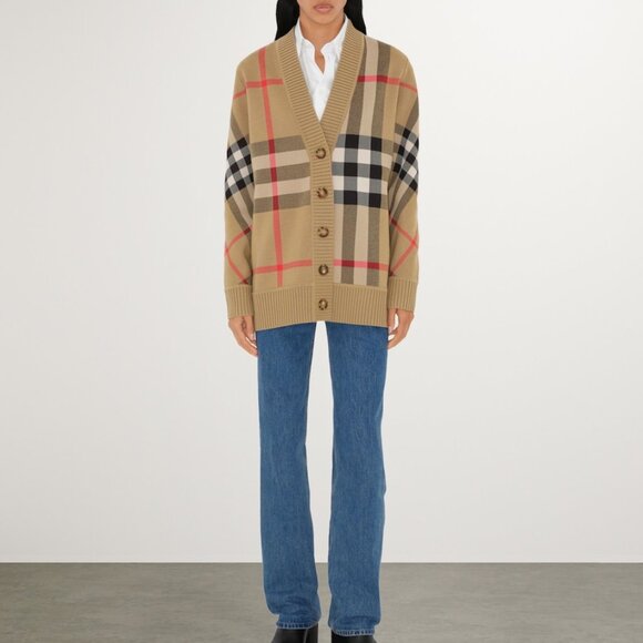 Burberry Beige Wool-Blend Check Cardigan - Picture 1 of 12